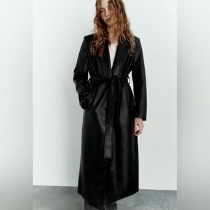 Zara Faux Leather Belted Long Trench Coat women’s small black gothic dark fall